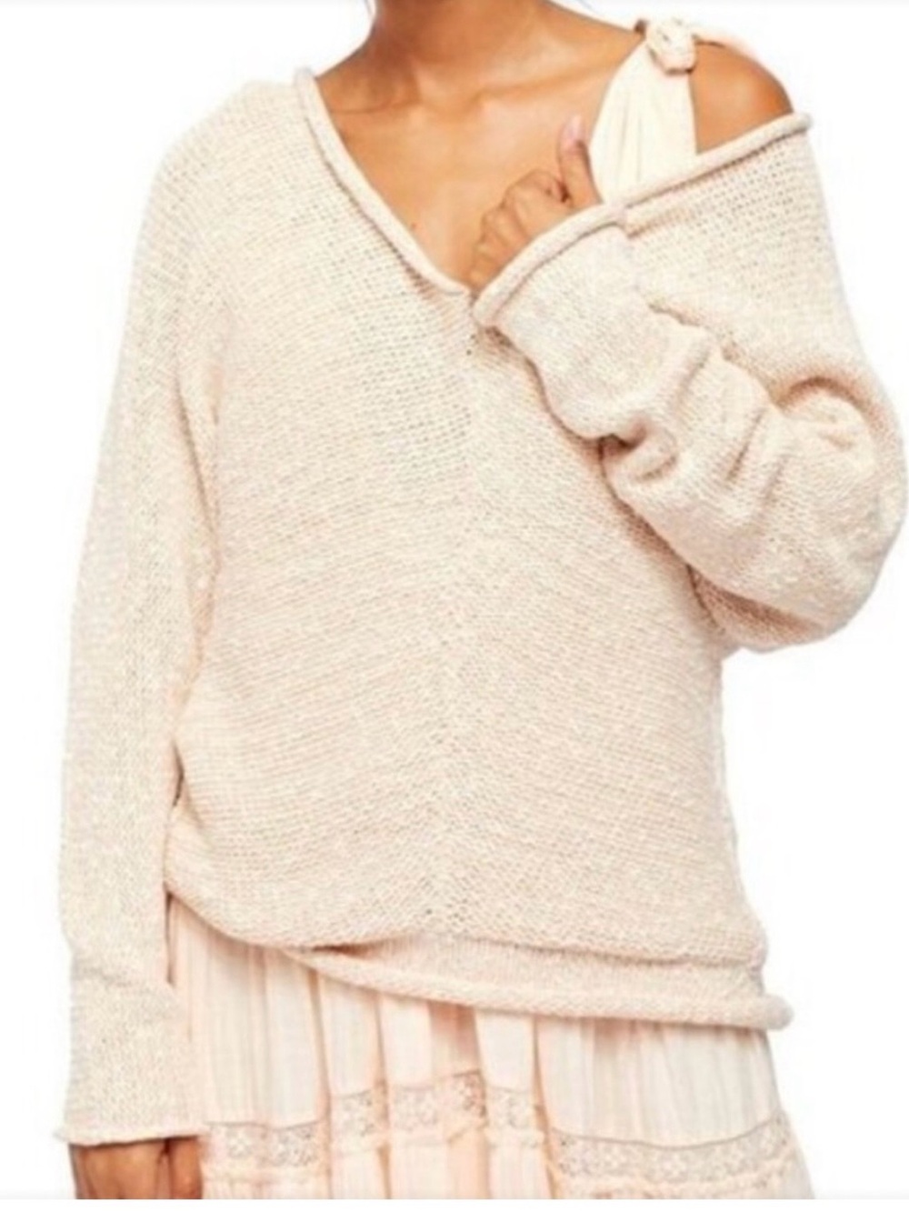 Free People Off-Shoulder V-Neck Sweater in Light Pink